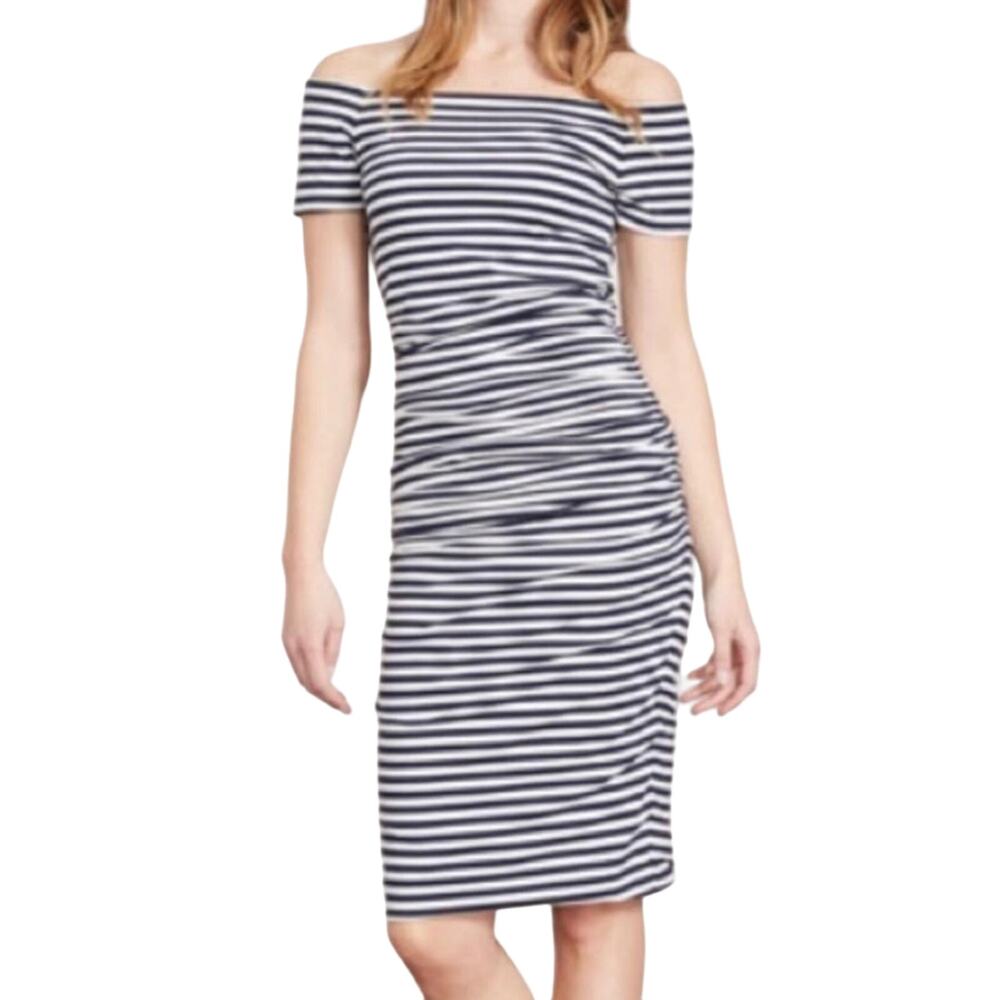 Boden off shoulder ruched dress Navy and white stripe women’s size 4